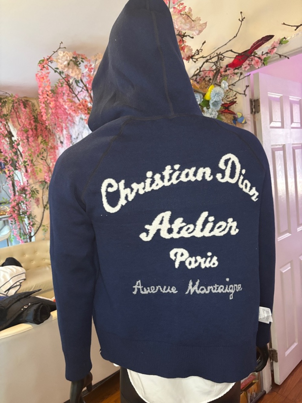 Dior Navy Blue Hooded Jacket with White Script Logo